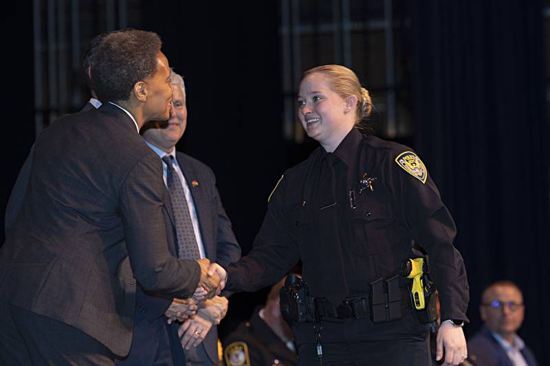 SVCC police academy graduate Hannah Wolber receives his certificate for completion of the course at SVCC Friday, April 14, 2023. Wolber will serve with the Loves Park Police Department.