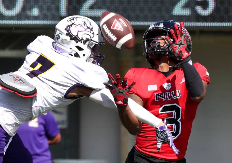 Northern Illinois Wide receiver Trayvon Rudolph catches a long pass in front of Western Illinois defensive back Braylen Brooks during their game Saturday, Aug. 31, 2024, in Huskie Stadium at NIU in DeKalb.