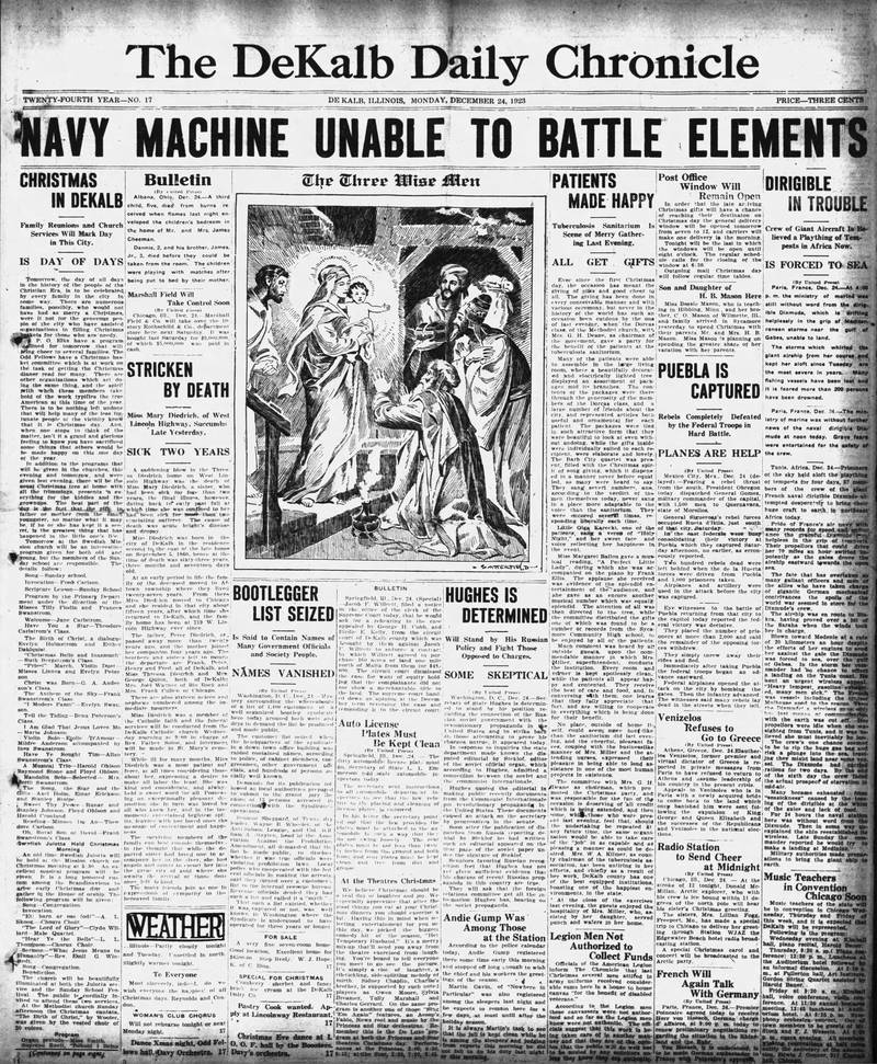 The front page of The DeKalb Daily Chronicle from Dec. 24, 1923.