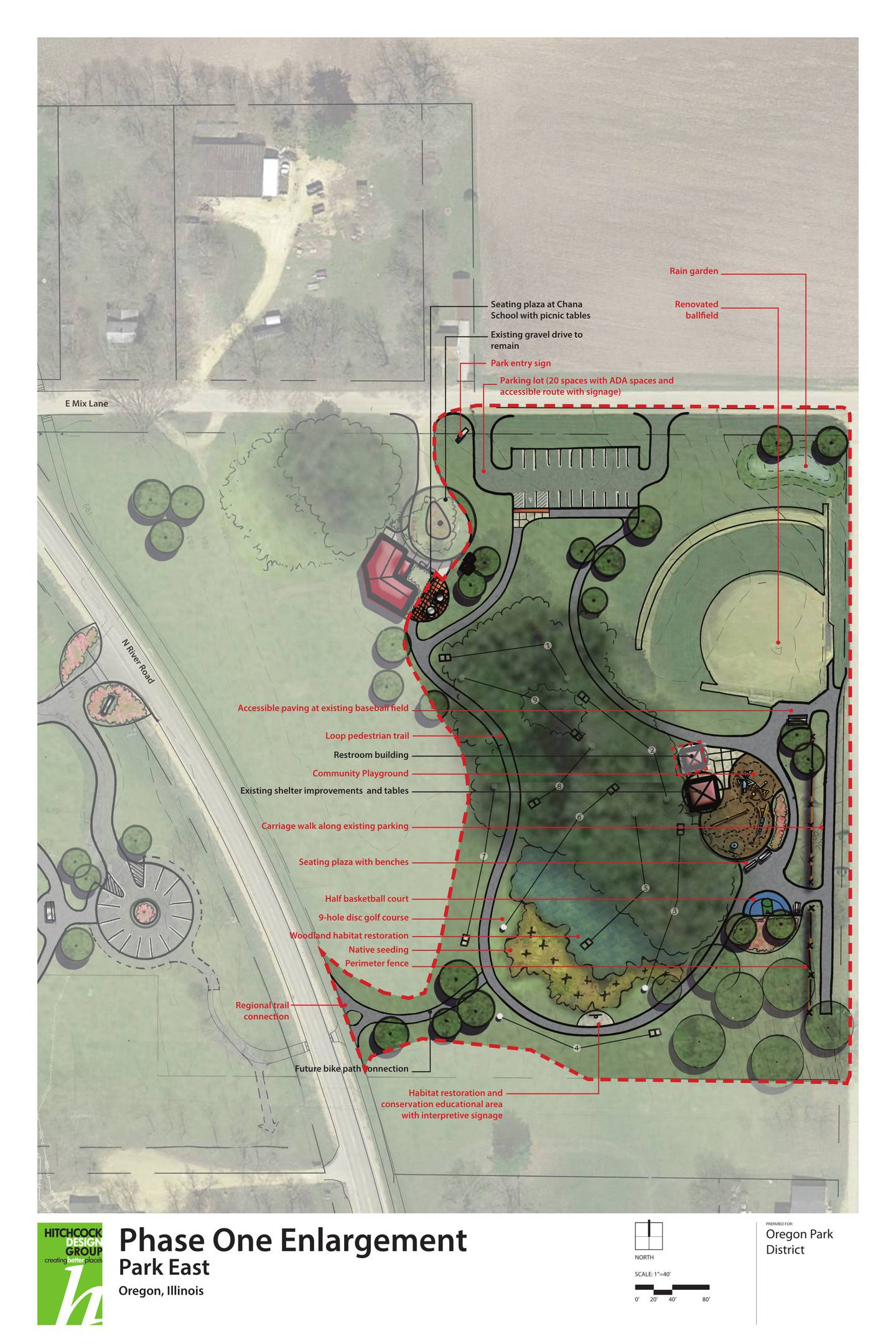 The Oregon Park District received a $600,000 matching OSLAD grant for improvements to Oreon Park East. Shown here is a preliminary design.