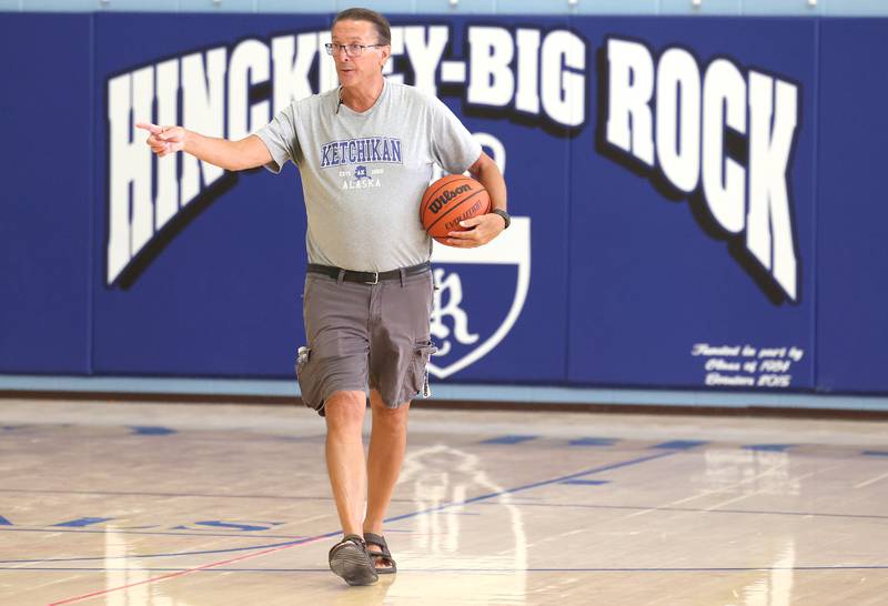 Hinckley-Big Rock new girls basketball head coach Bob Barnett gives some instruction during practice Monday, June 10, 2024, at the school in Hinckley.