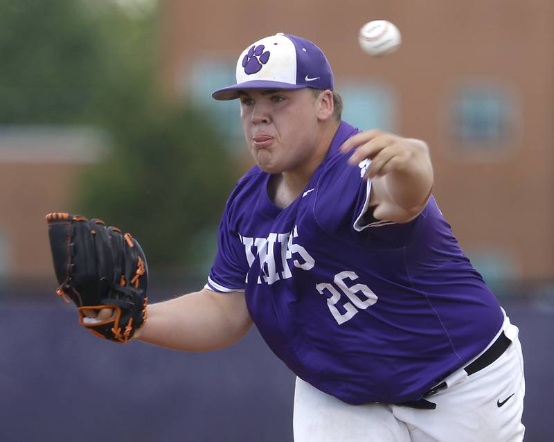 Hampshire's Jack Schane throws a pitch during a Class 4A Hampshire sectional baseball game against McHenry on Wednesday, May 29, 2024, at the Hampshire High School.