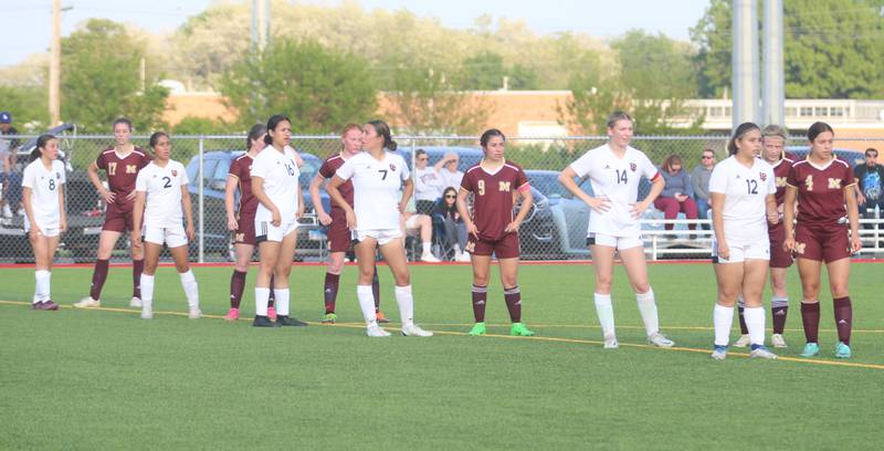 Morris and L-P girls soccer teams line up for a corner kick during the Class 2A Regional semifinal game on Wednesday, May 15, 2024 at the L-P Athletic Complex in La Salle.