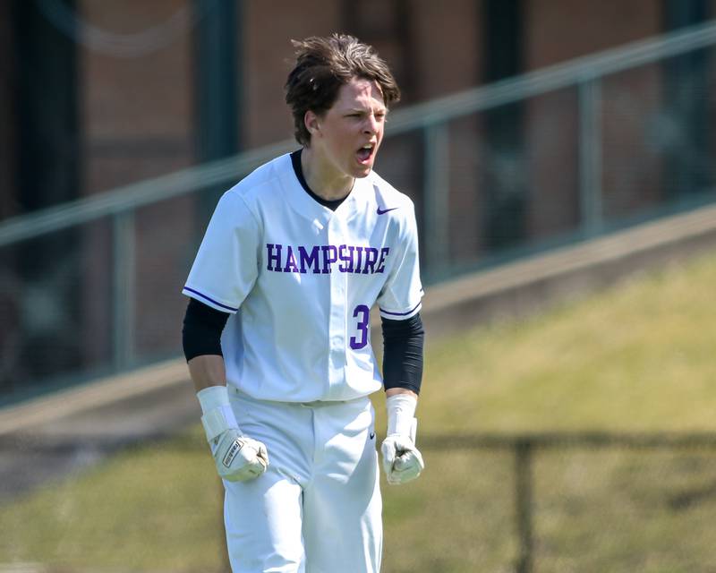 Hampshire's Ari Fivelson (3) reacts after driving in the game winner during baseball game between Dixon at Hampshire.  March 28, 2024