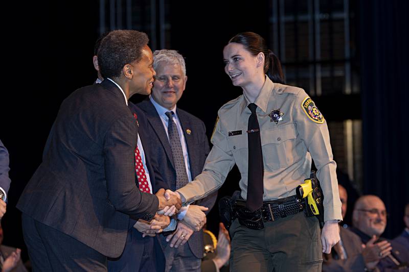 SVCC police academy graduate Alexandra VanVickle receives his certificate for completion of the course at SVCC Friday, April 14, 2023. VanVickle will serve with the Ogle County Sheriff’s Office.