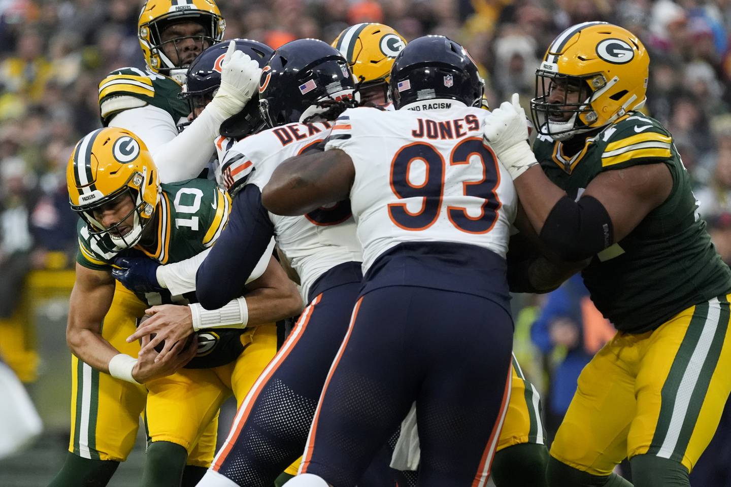 Green Bay Packers quarterback Jordan Love (10) is sacked during the first half against the Chicago Bears Sunday, Jan. 7, 2024, in Green Bay, Wis.