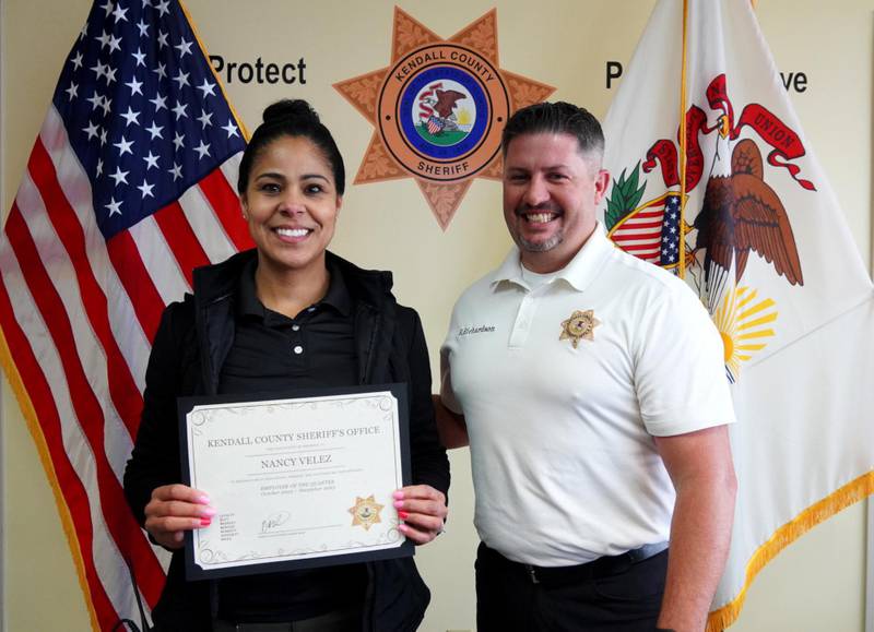 Kendall County Sheriff’s Office Employee of the Fourth Quarter Sergeant Nancy Velez with Undersheriff Bobby Richardson.