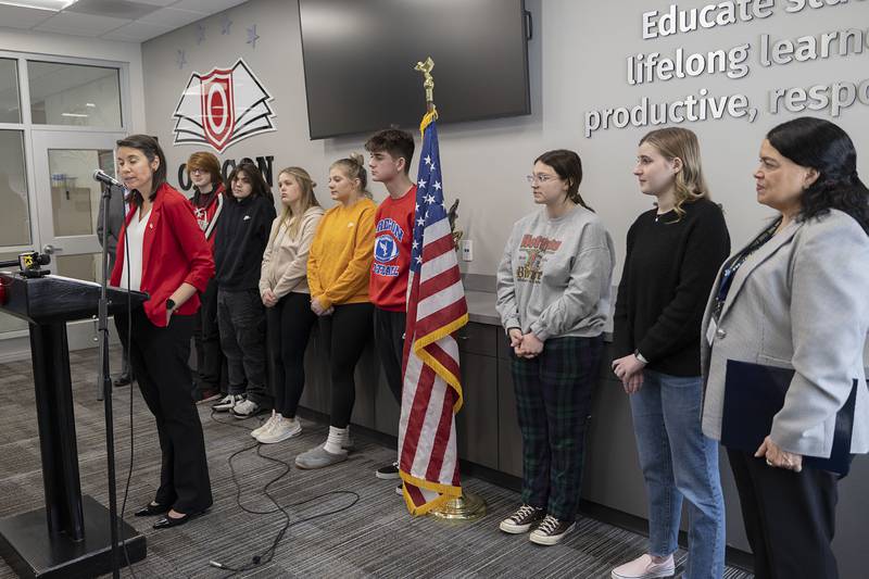 Oregon High School Spanish teacher Kimberly Radostits speaks during a news conference Wednesday, Jan. 25, 2023, about her nomination as a finalist for National Teacher of the Year.