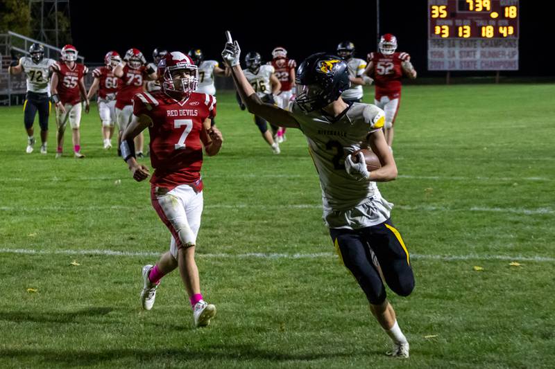 Jackson Tegeler of Riverdale celebrates touchdown on Friday, October 18, 2024 at Richard Nesti Stadium in Spring Valley.