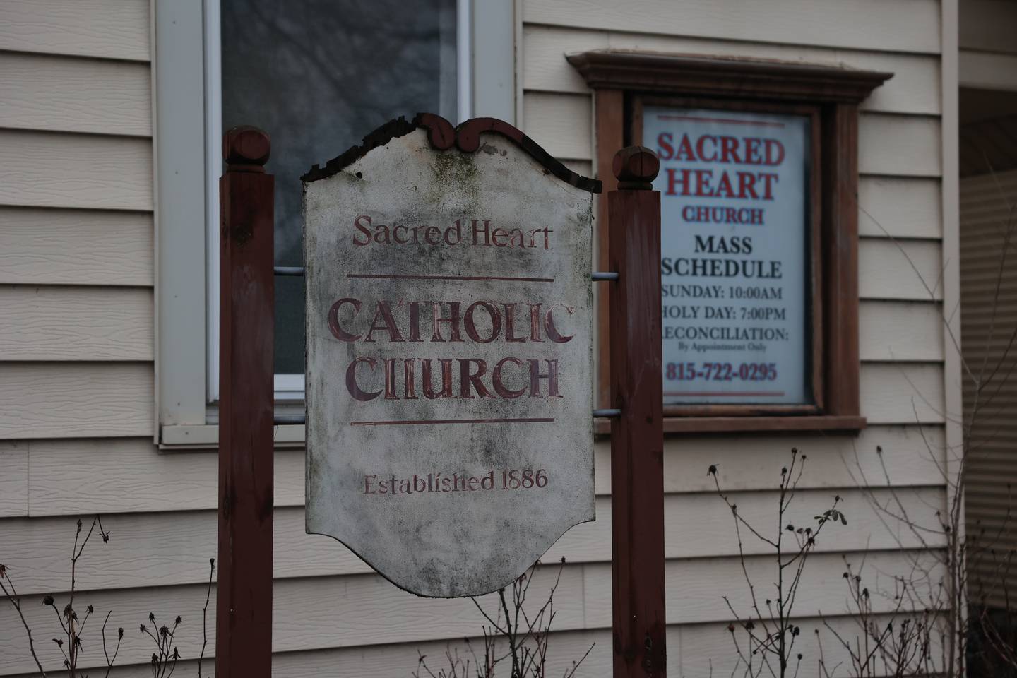 Sign outside Sacred Heart Catholic Church, 337 S. Ottawa St., Joliet on Jan. 25, 2024.