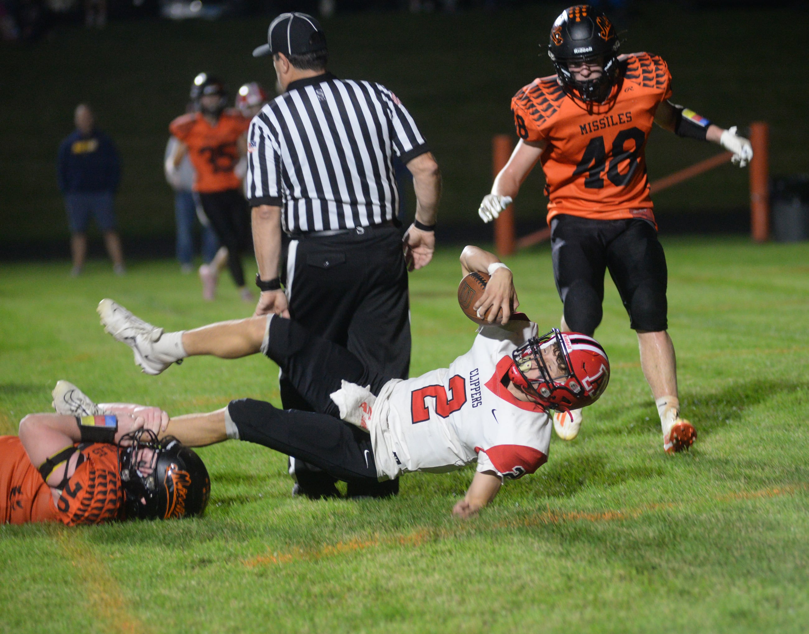 Amboy's Eddie Jones (2) dives into the end zone against Milledgeville on Friday, Sept. 29, 2023 at Milledgeville High School.