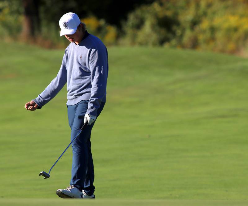 Cary-Grove’s Joey Boldt offers a fist pump after sinking a putt on the 5th green in Cary-Grove High School 2024 Invitational varsity golf action on Saturday, Sept. 7, 2024, at Foxford Hills Golf Club in Cary.