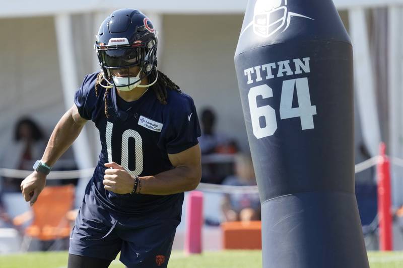 Chicago Bears wide receiver Chase Claypool works on the field during training camp in Lake Forest, Ill., Thursday, July 27, 2023.