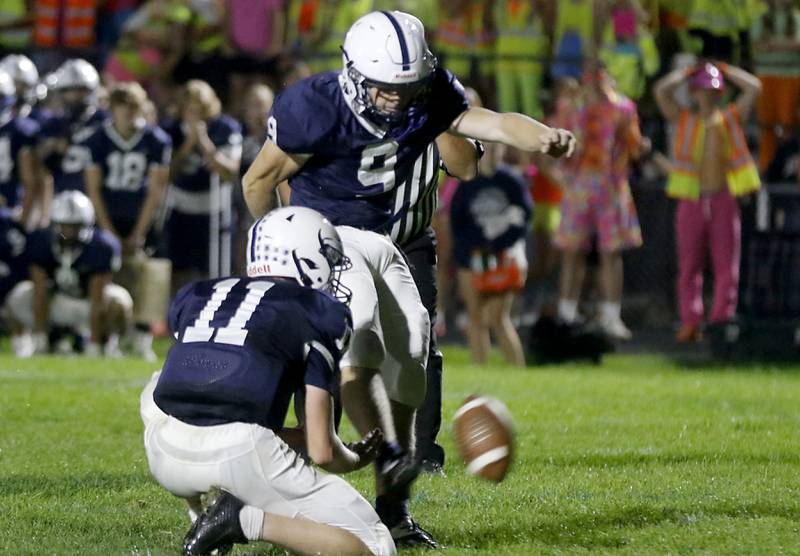 Cary-Grove's Jadon Apgar kicks the extra point in the fourth quarter as Cary-Grove tries to tie Prairie Ridge during a Fox Valley Conference football game on Friday, Sept. 22, 2023, at Cary-Grove High School in Cary.