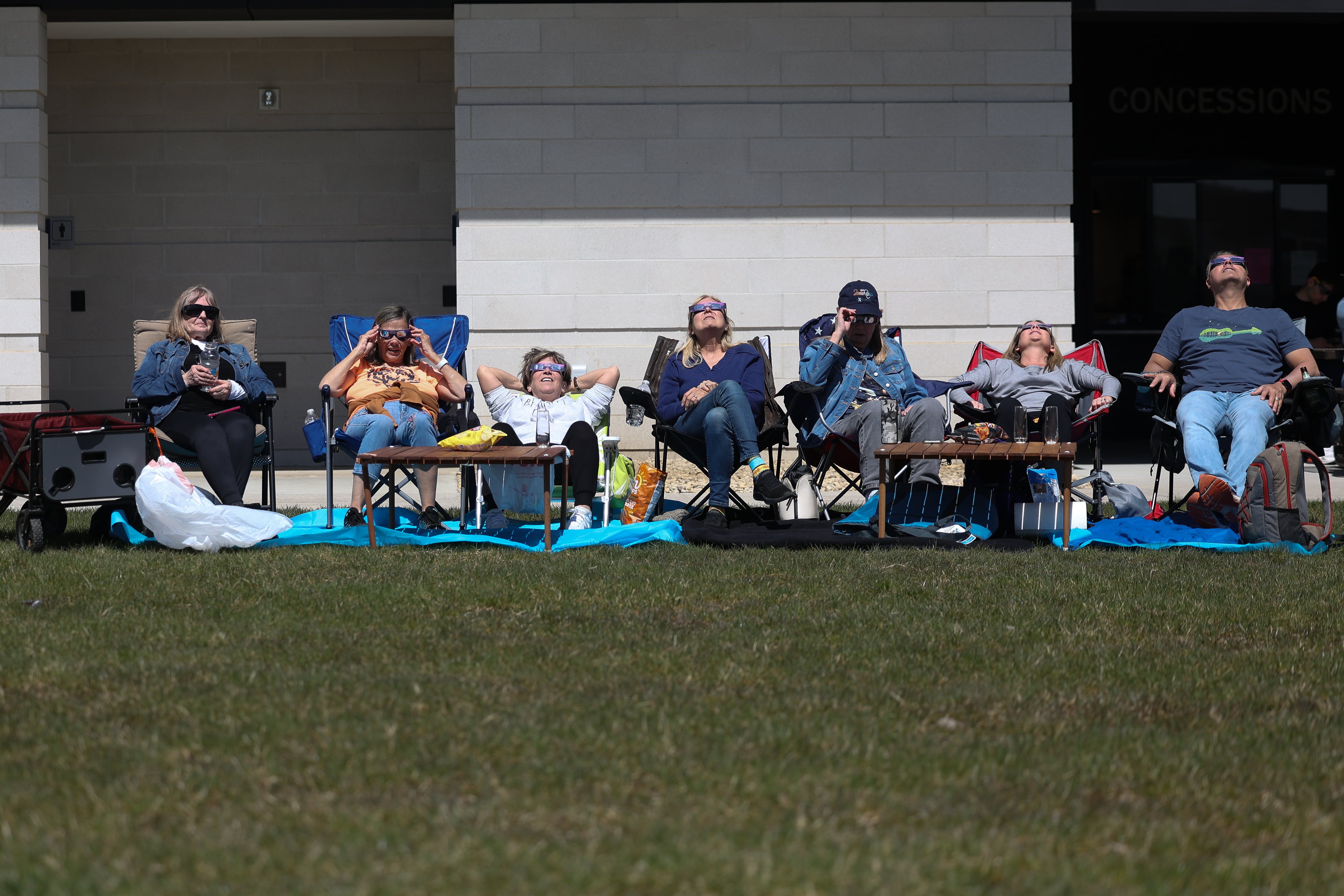 A group from Shorewood brought tables along with their chairs for the eclipse viewing at the Joliet Junior College solar eclipse viewing event on Monday, April 8, 2024 in Joliet.