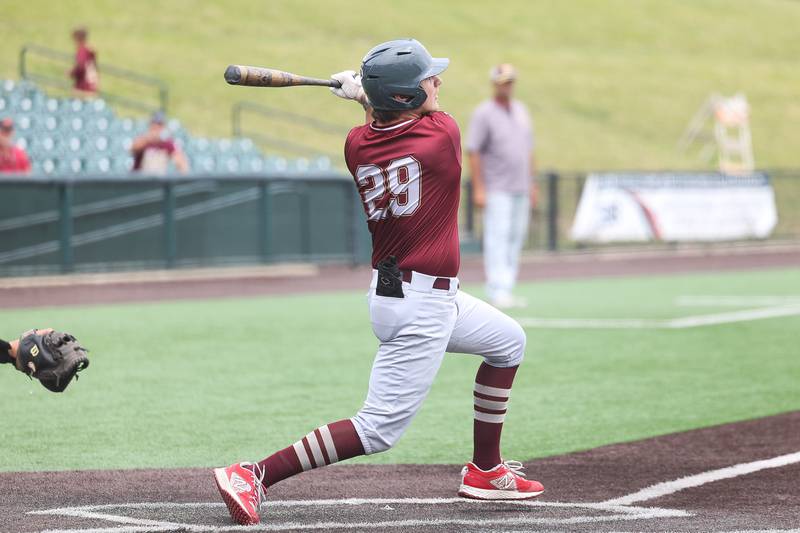 Morris’ Merek Klicker connects against Highland in the IHSA Class 3A 3rd place game on Saturday June 8, 2024 Duly Health and Care Field in Joliet.