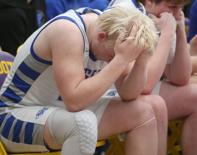 Princeton's Daniel Sousa reacts on the bench in the closing seconds against Byron during the Class 2A Sectional final on Friday, March 1, 2023 at Mendota High School.