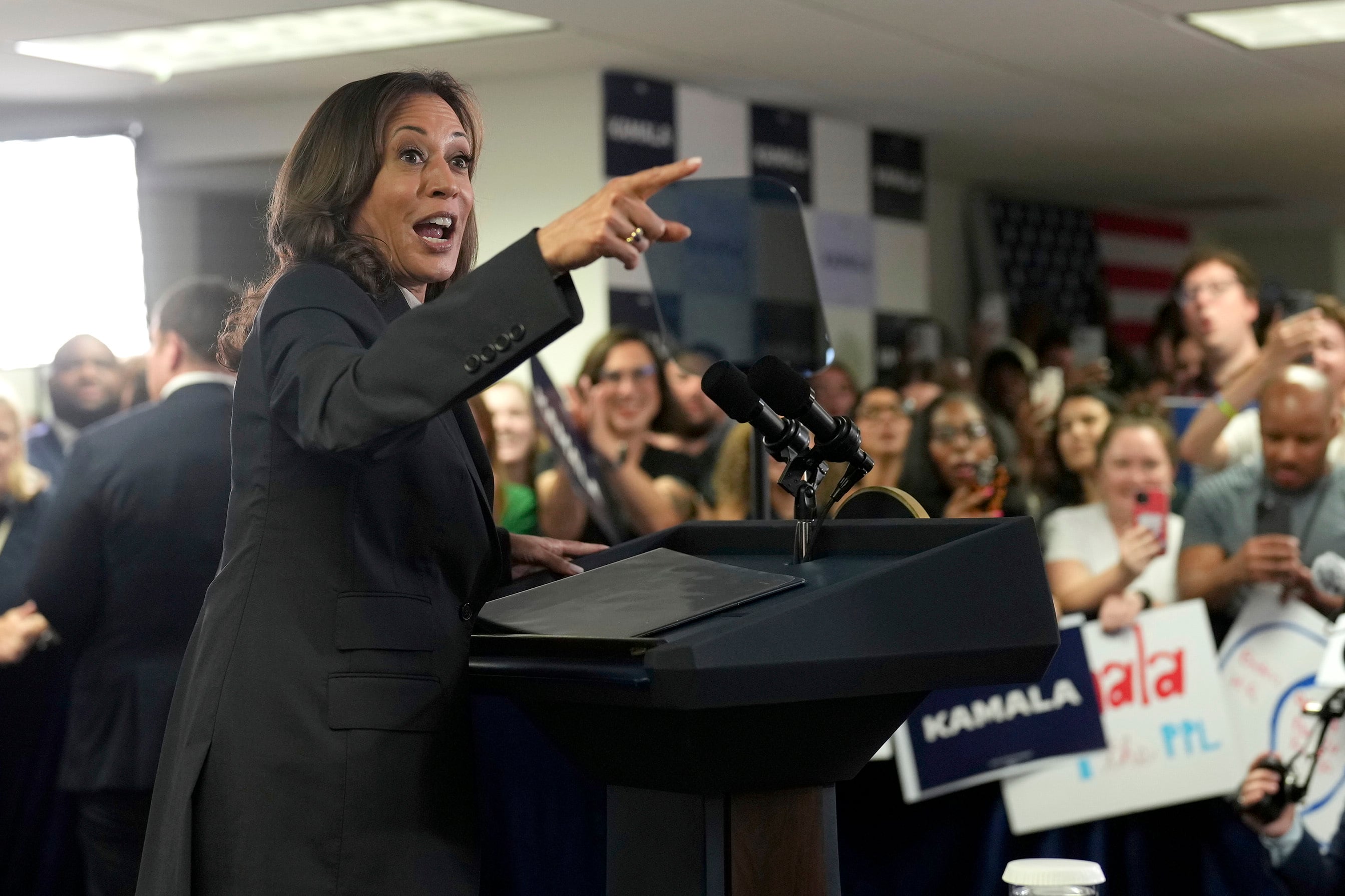 Vice President Kamala Harris speaks at her campaign headquarters in Wilmington, Del., Monday, July 22, 2024. (Erin Schaff/The New York Times via AP, Pool)