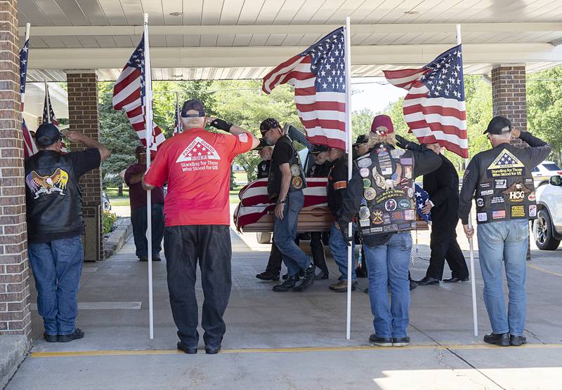 Richard Seloover’s remains are brought into McDonald Funeral Home Thursday, May 30, 2024 in Rock Falls. He will be buried with full military honors Tuesday, June 4.