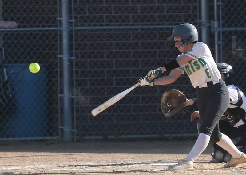 Seneca's Alyssa Zellers hits a double on this swing against Putnam County on Thursday, April 13, 2023 at Seneca High School.