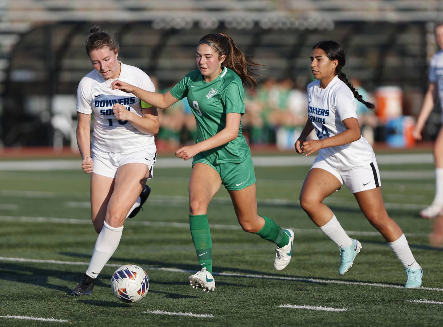 York's Sophia Musial (9) breaks through the Downers Grove SOuth defense during the Class 3A Morton regional girls soccer final between Downers Grove South and York in Berwyn on Friday, May 17, 2024.