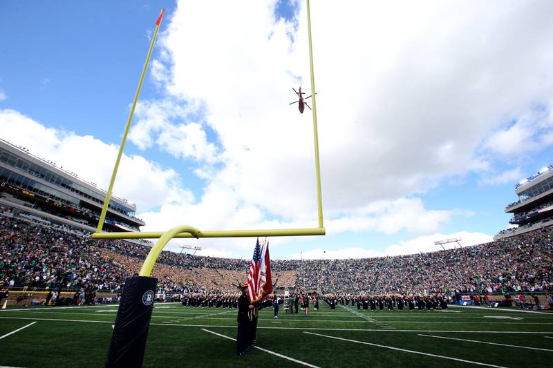 A U.S. Coast Guard helicopter flies over Notre Dame Stadium during the National Anthem before the game against NIU on Saturday, Sept. 7, 2024 at Notre Dame Stadium.