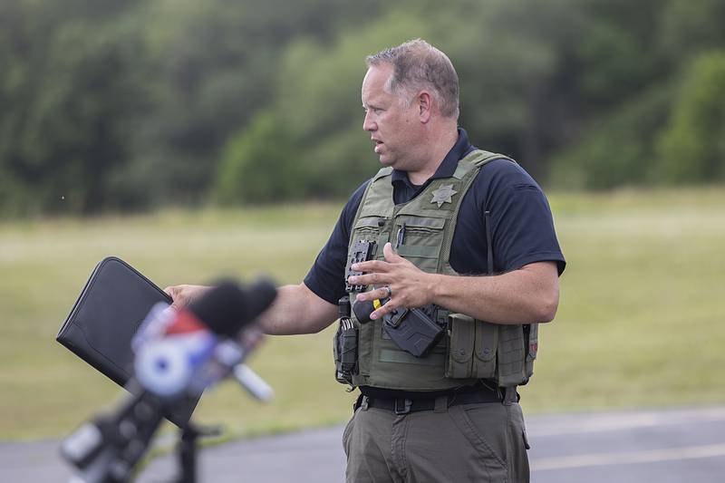 Ogle County Sheriff Brian VanVickle addresses the media Wednesday, June 12, 2024 after three deputies were injured in a shootout.