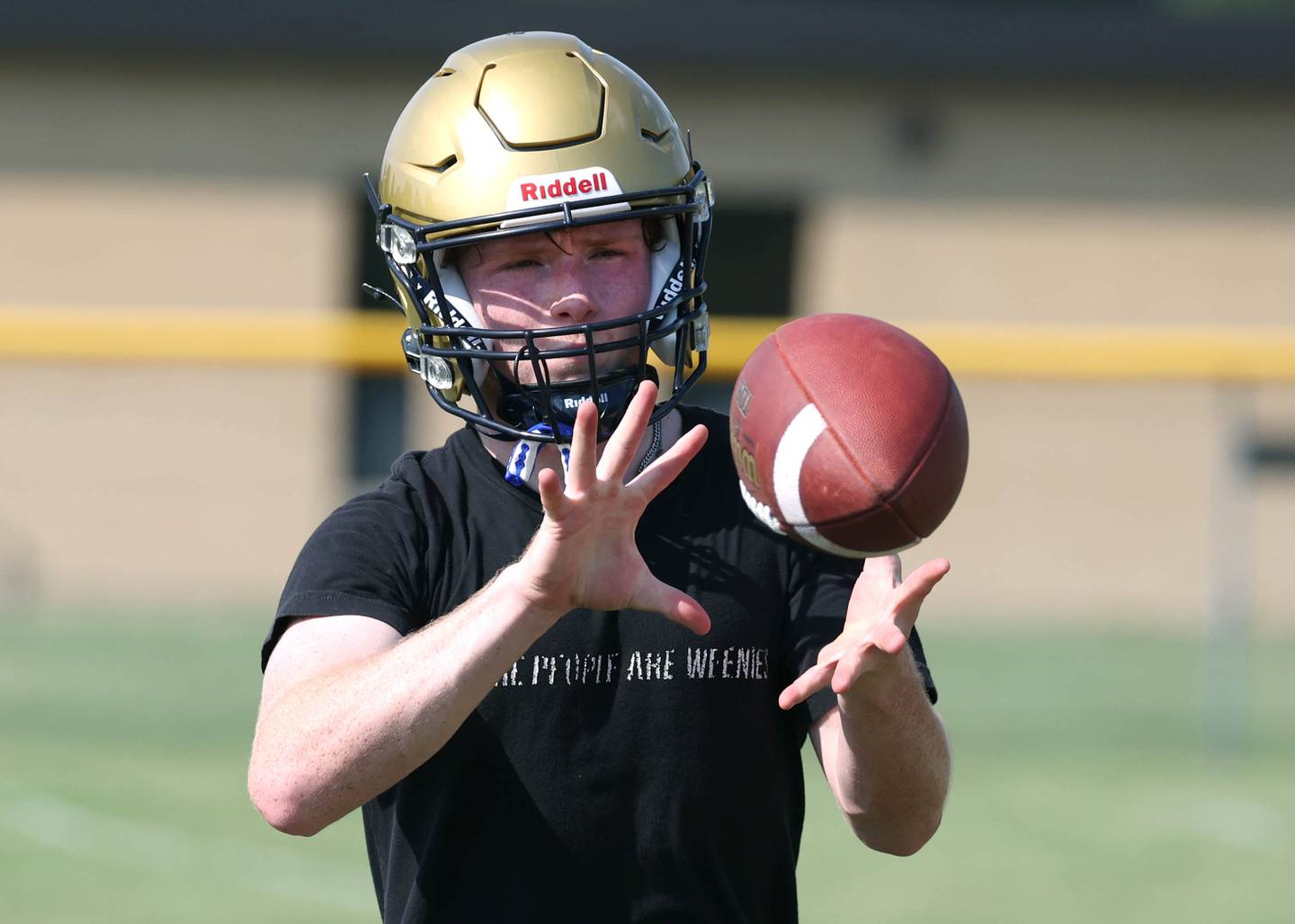 Hiawatha’s Tommy Butler catches a pass during practice Wednesday, Aug. 14, 2024, at the school in Kirkland.