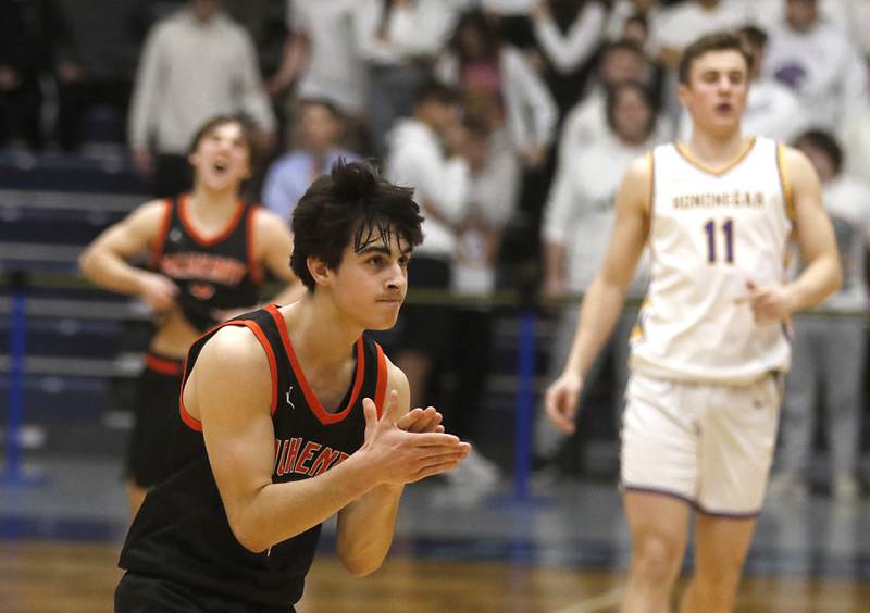 McHenry's Marko Visnjevac celebrates McHenry’s win over Hononegah in the IHSA Class 4A Guilford Boys Basketball Sectional semifinal game on Wednesday, Feb. 28, 2024, at Rock Valley College in Rockford.