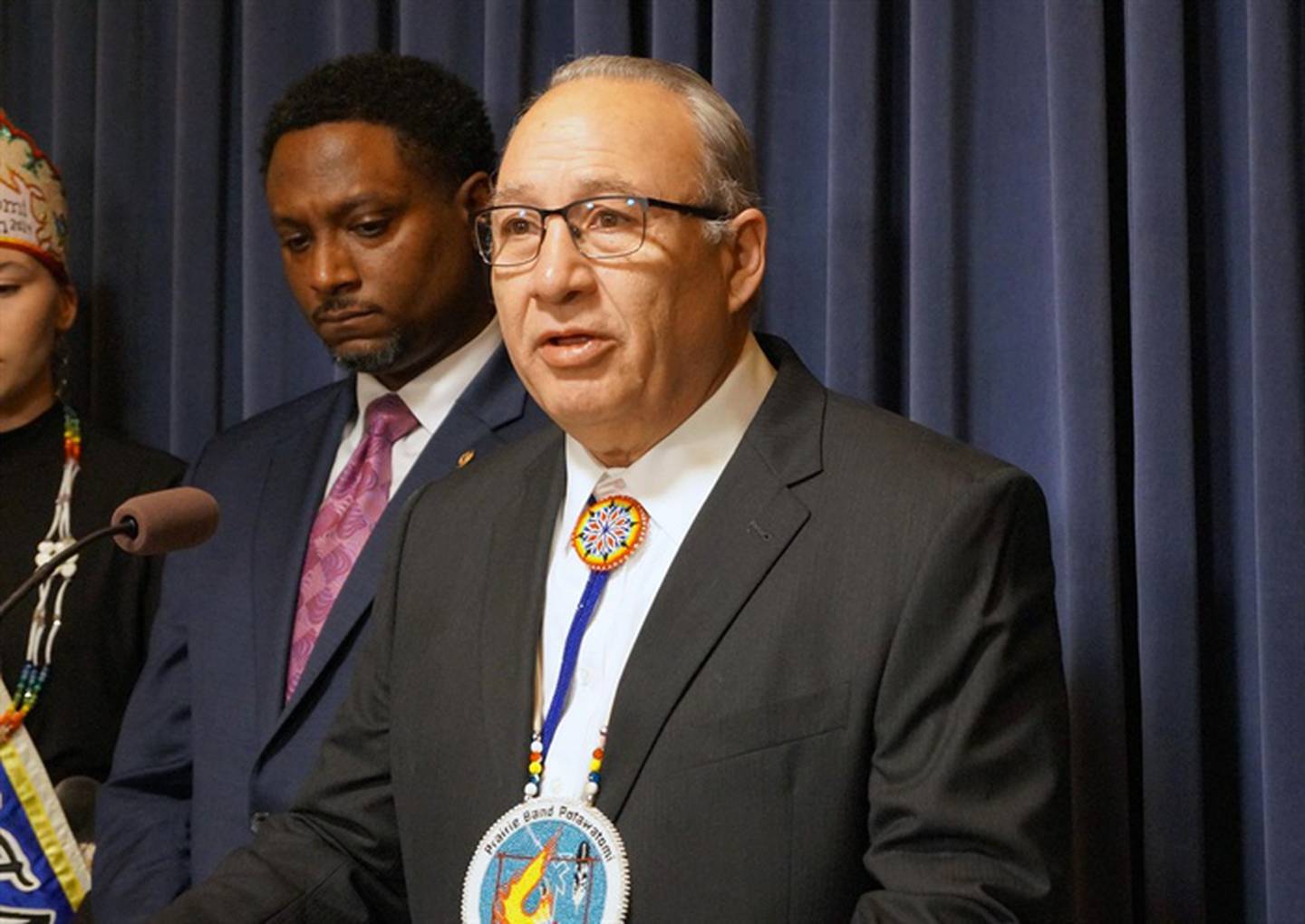 Joseph “Zeke” Rupnick, tribal chairman of the Prairie Band Potawatomi Nation, speaks at a news conference at the Illinois Capitol in February.