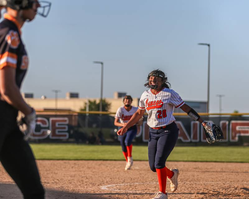 Oswego's Jaelynn Anthony (20) reacts after getting the last out in their Class 4A Plainfield North Sectional semifinal softball game between Wheaton-Warrenville South at Oswego. May 29th, 2024.