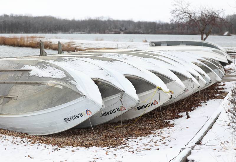 Snow covered boats wait for warmer weather Friday, March 10, 2023, at Shabbona Lake State Park in Shabbona. Snow over night in DeKalb County resulted in a dusting to four inches depending on where you were at.