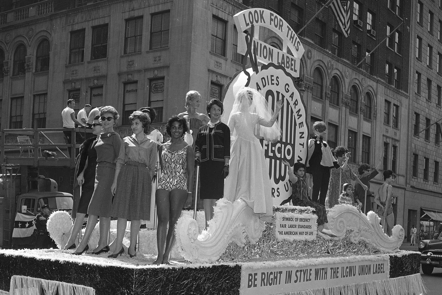 Members of the International Ladies' Garment Workers' Union are seen on a Labor Day parade float, Sept. 4, 1961.