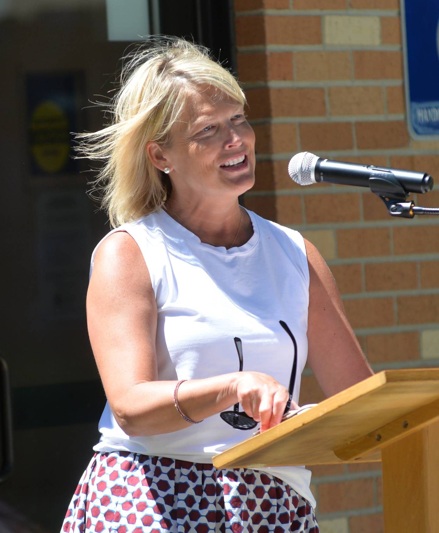 State representative Tony McCombie (R-Savanna) speaks during a Flag Day event at the Mt. Morris and Senior and Community Center on Friday, June 14, 2024. McCombie is the Republican Minority Leader of the Illinois House of Representatives. She represents the 89th district which consists of all or parts of Carroll, DeKalb, Jo Daviess, Ogle, Stephenson, Winnebago counties..