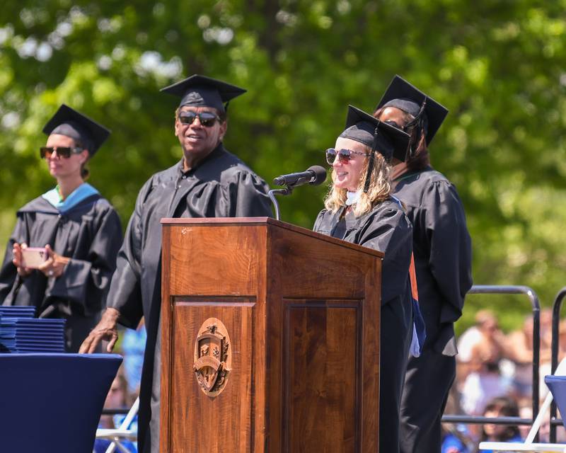 Downers Grove South principal Ms. Arwen Lyp gives the closing remarks during graduation held at Downers Grove South High School  on Sunday May 19, 2024.