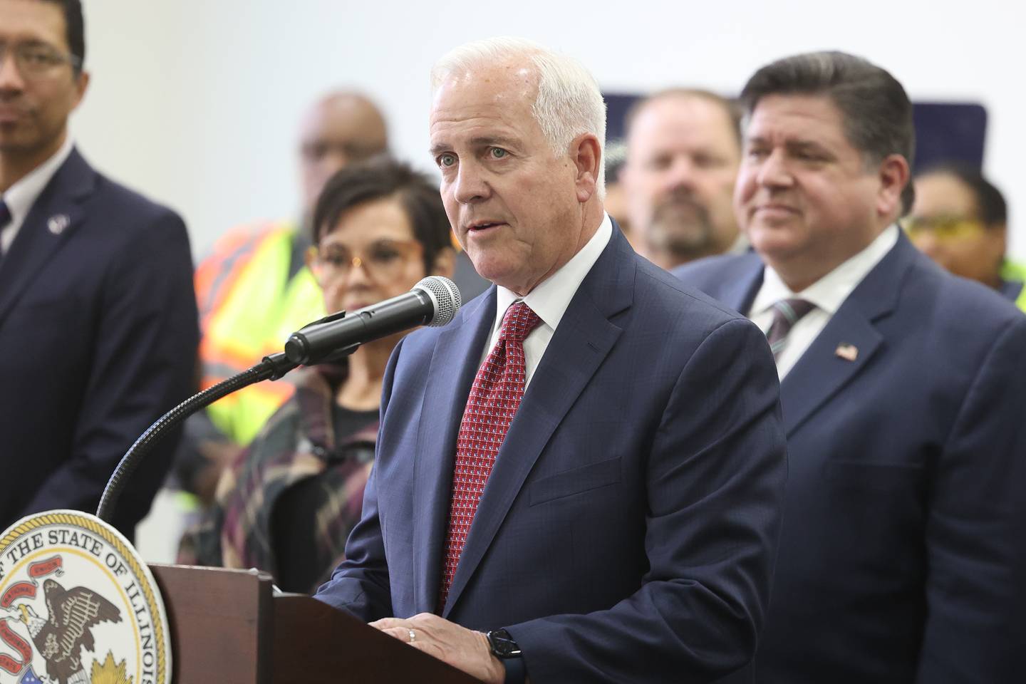 Joliet Mayor Terry D’Arcy speaks at a press conference on reaching a key milestone for the  $1.3 Billion I-80 corridor project on Wednesday, Nov. 1, 2023 at Joliet Junior College.