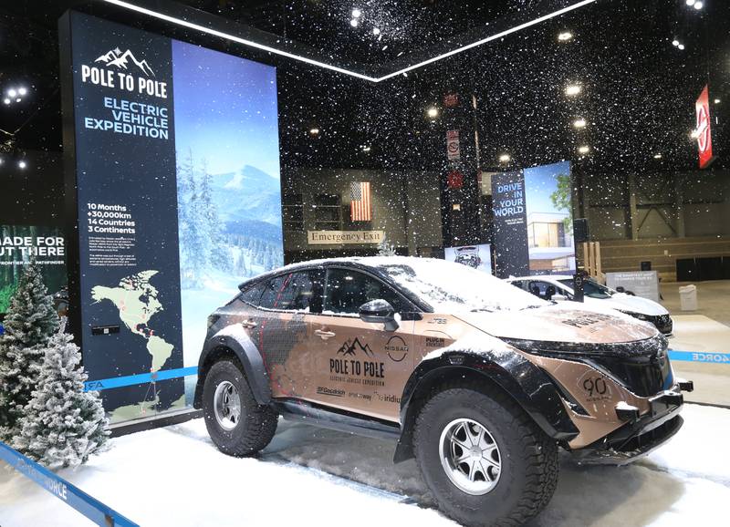 A view of an all-electric AT39 Nissan Ariya on Thursday, Feb. 8, 2024 during the Chicago Auto Show in McCormick Place. 
After nearly nine months on the road, an all-electric Nissan Ariya has become the first vehicle ever, gas or electric, to drive all the way from North to South pole