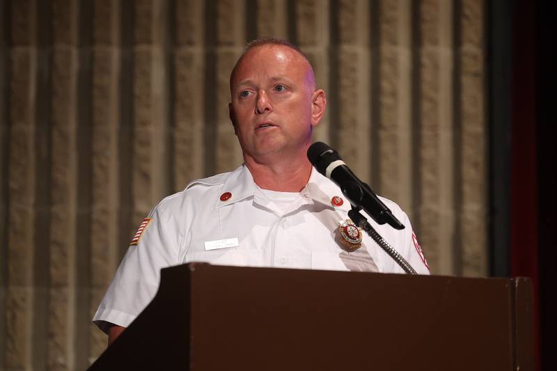 Joliet Fire Chief Jeff Carey speaks at the Public Safety Open Forum at the Billie Limacher Bicentennial Park Theatre on Wednesday June 26, 2024 in Joliet.