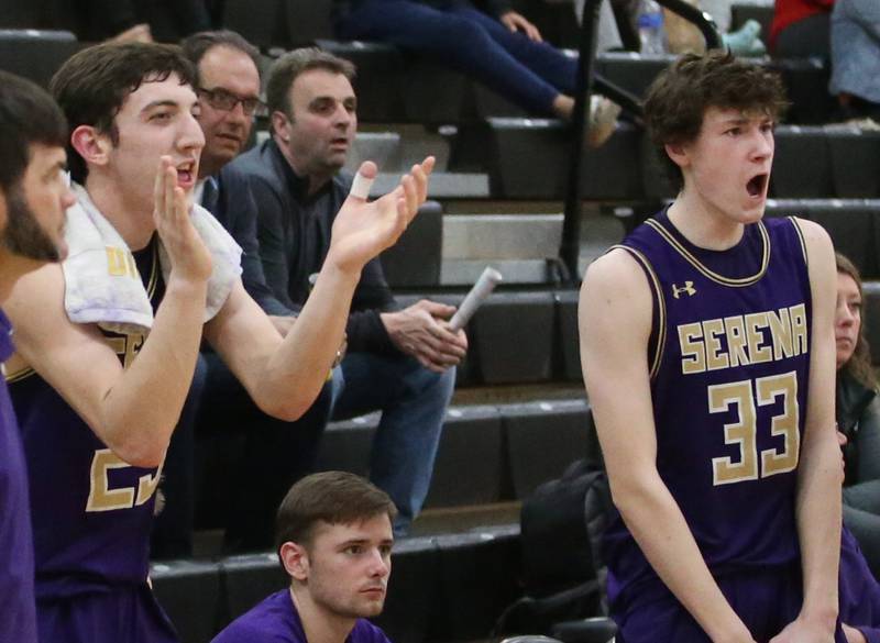 Serena's Richie Armour and Hunter Staton react after defeating Chicago Ellison during the Class 1A Sectional semifinal on Tuesday, Feb. 28, 2023 at Putnam County High School.