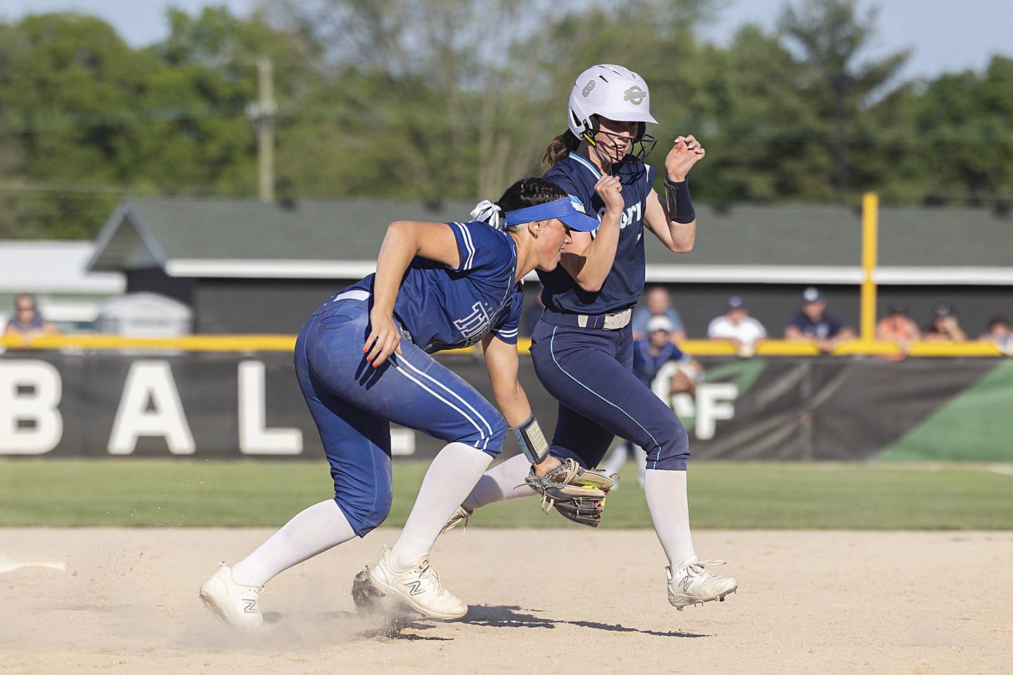 Princeton’s Keely Lawson tags out Bureau Valley’s Lesleigh Maynard Friday, May 17, 2024 at the Class 2A regional semifinals in Rock Falls.