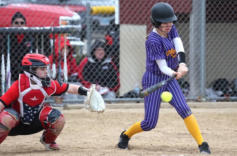 Mendota's Ella Coss makes contact during their game against Indian Creek Thursday, March 14, 2024, at Indian Creek High School in Shabbona.