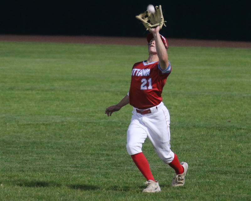 Ottawa's Jace Vieth catches a fly ball against Plano during the Class 3A Regional semifinal game on Wednesday, May 22, 2024 at Huby Sarver Field in La Salle.