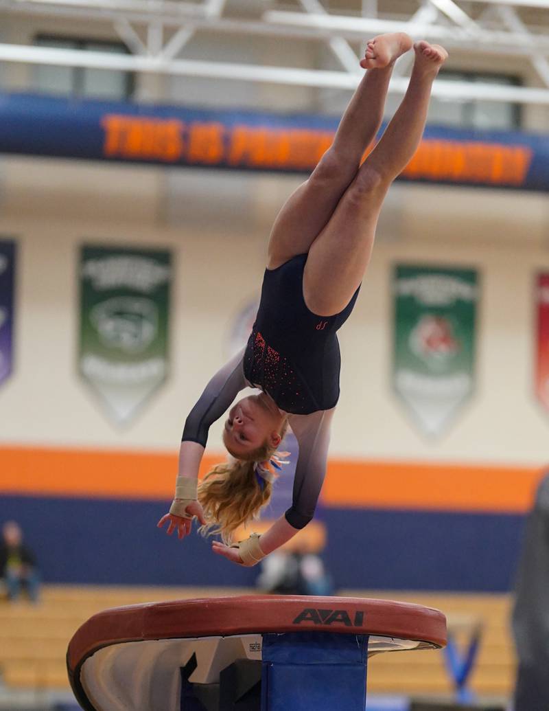 Oswego Co-op's Katie MacDonald competes in vault during a Oswego Regional Gymnastics Meet at Oswego High School on Monday, Jan 29, 2024.