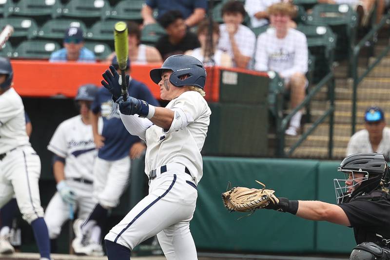 Lemont’s Max Michalak connects for a single against Crystal Lake Central in the IHSA Class 3A Championship game on Saturday June 8, 2024 Duly Health and Care Field in Joliet.