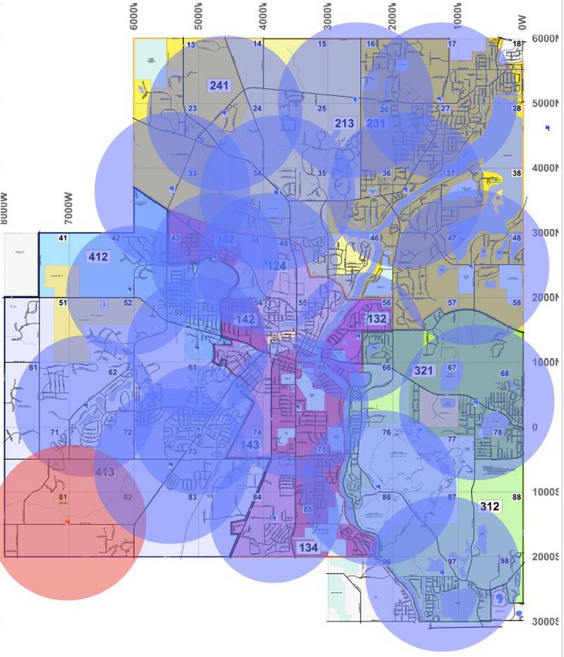 A map of the McHenry Township Fire Protection District illustrates the district's tornado siren coverage. The red circle is the newest siren. Chief Rudy Horist reminds residents that even if a neighborhood is not fully covered, residents would likely hear the adjacent sirens.