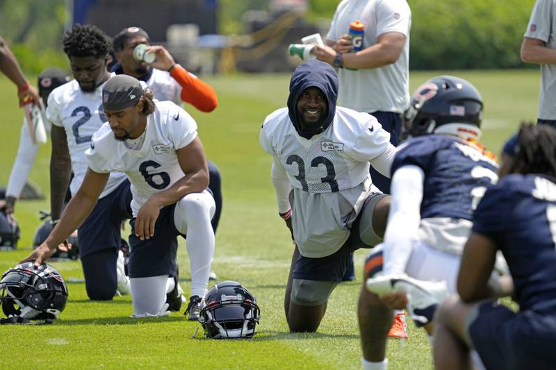 Chicago Bears defensive back Jaylon Johnson works on the field with teammates during OTA practice, Wednesday, June 7, 2023, in Lake Forest.