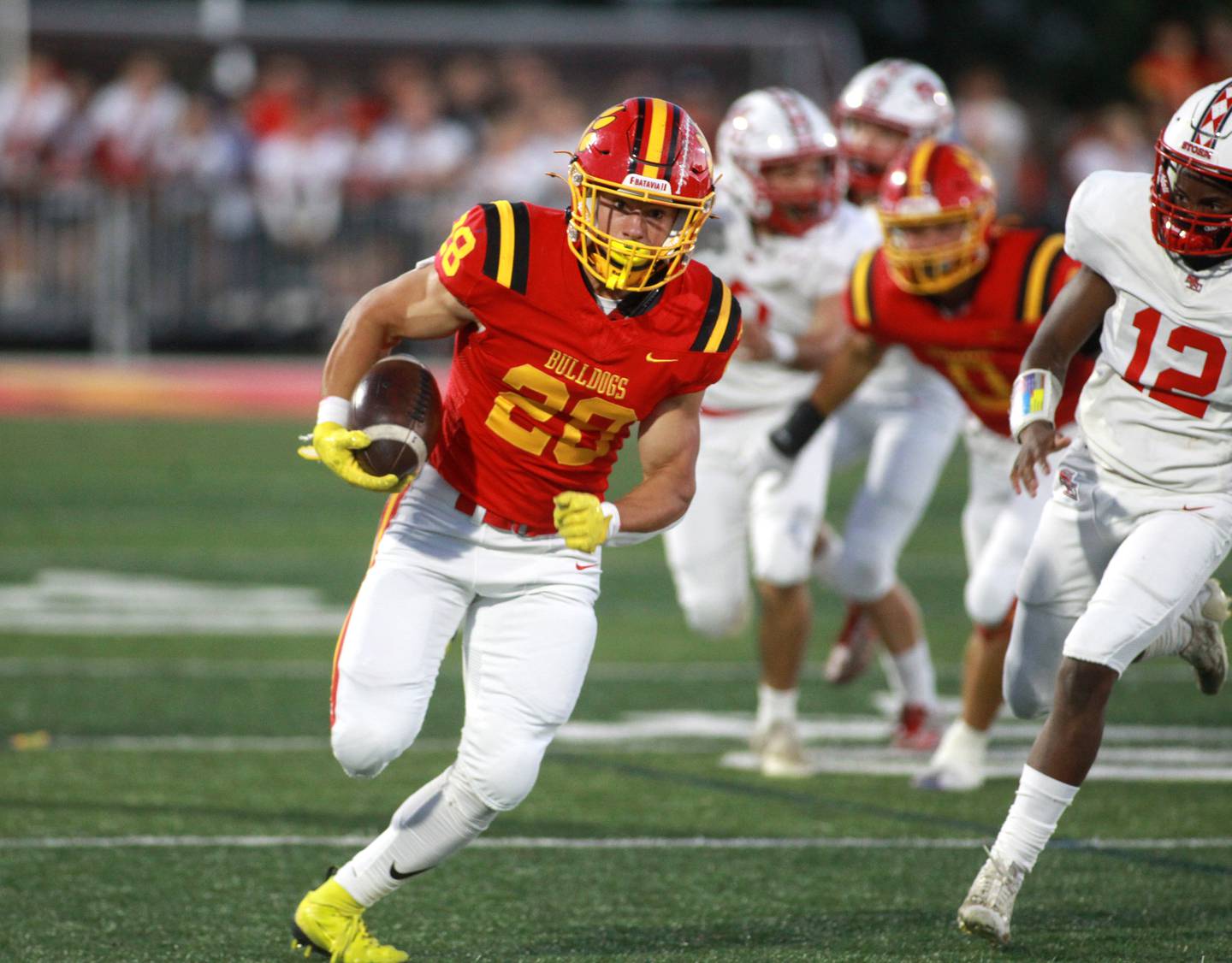 Batavia’s Nathan Whitwell runs for a touchdown during a game against South Elgin Friday, Sept. 6, 2024 in Batavia.