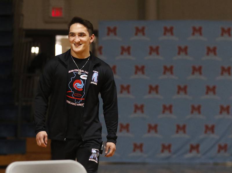 Marina Central’s Max Astacio is introduced as Marina Central honors their wrestlers that brought home the IHSA Class 1A Dual Team State Championship title on Friday, March 8, 2024, during a celebration at the high school in Woodstock.