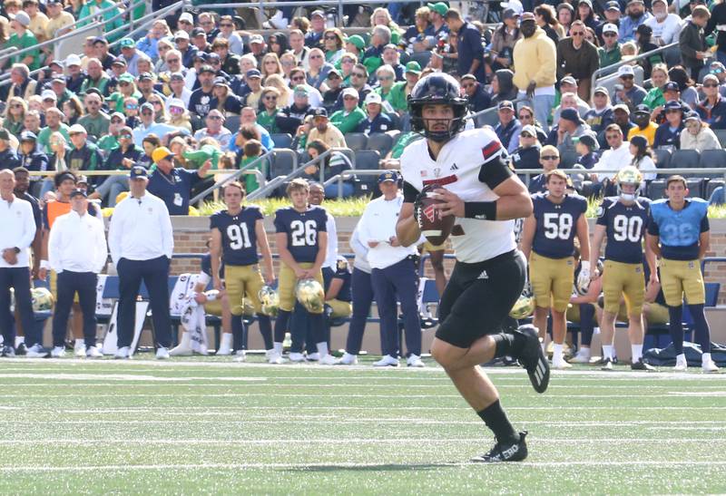 NIU quarterback Ethan Hampton looks to throw a pass against Notre Dame on Saturday, Sept. 7, 2024 at Notre Dame Stadium.