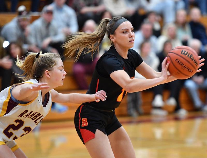 Batavia's Kaidyn King passes as Loyola's Marycait Mackie defends during a Coach Kipp Hoopsfest game on Jan. 13, 2024 at Montini Catholic High School in Lombard.